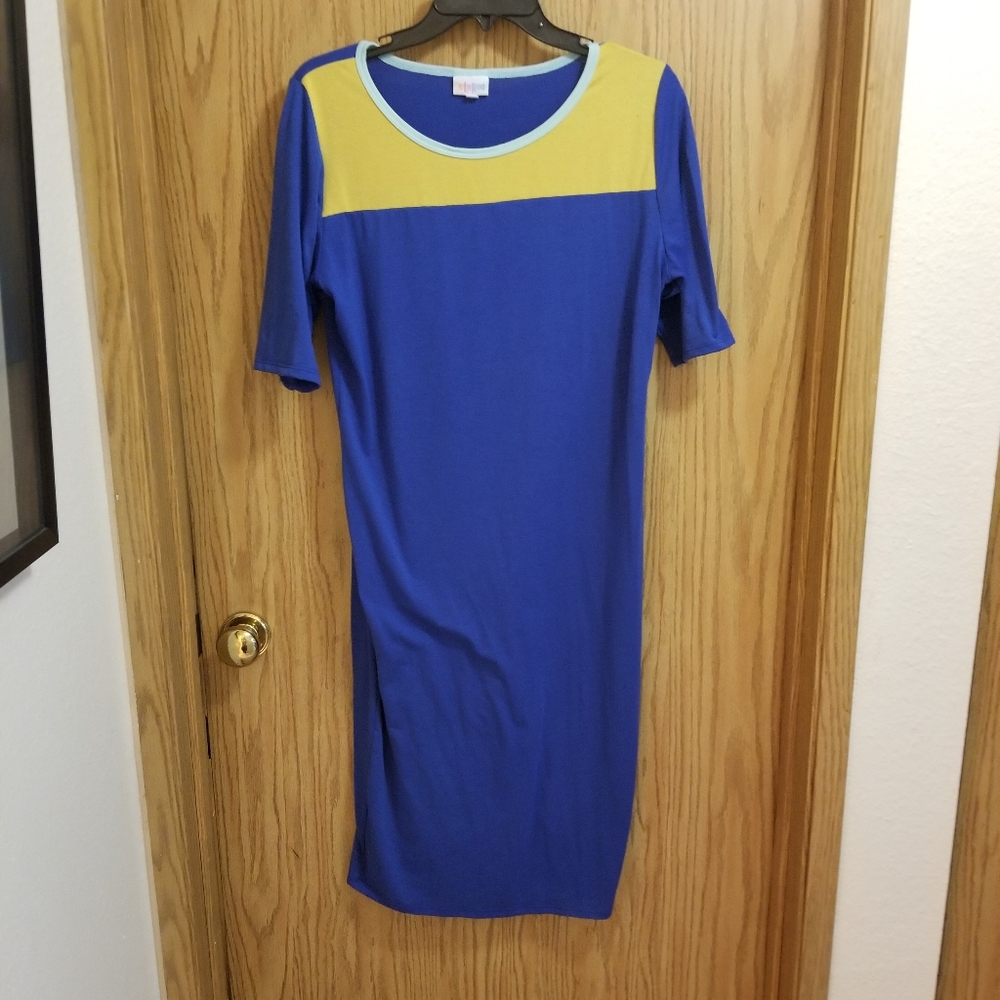 Blue, yellow, and turquoise Lularoe Julia dress